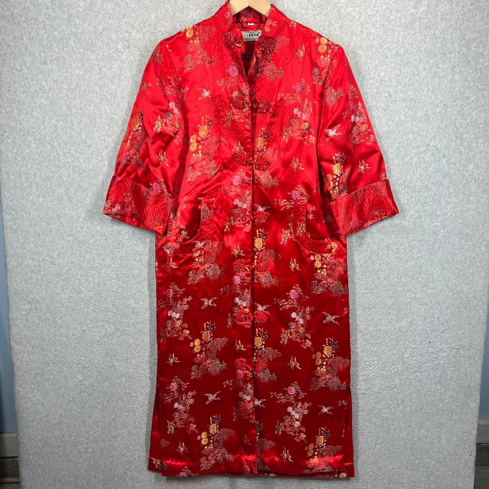 ESME Cheongsam Robe Womens S Red Silk Satin Floral Embroidered Frog Closure EUC